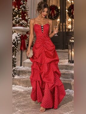 Josh & Jazz Red White Polka Dot Ruffle Cocktail Party Dress Juniors 5/6